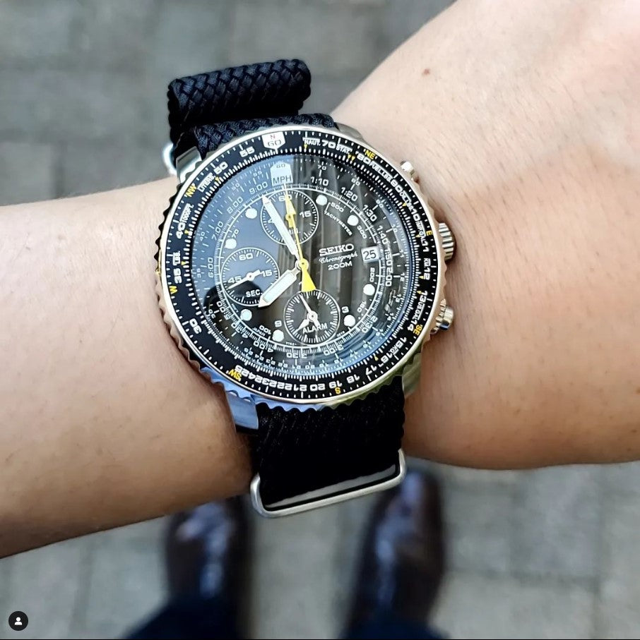 time+ NATO G10 Perlon Military Watch Strap Black on SEIKO CHRONOGRAGH SNA411P1