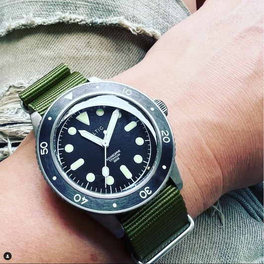 time+ NATO G10 Ballistic Nylon Military Watch Strap Olive on BALTIC AQUASCAPHE TITANIUM Black