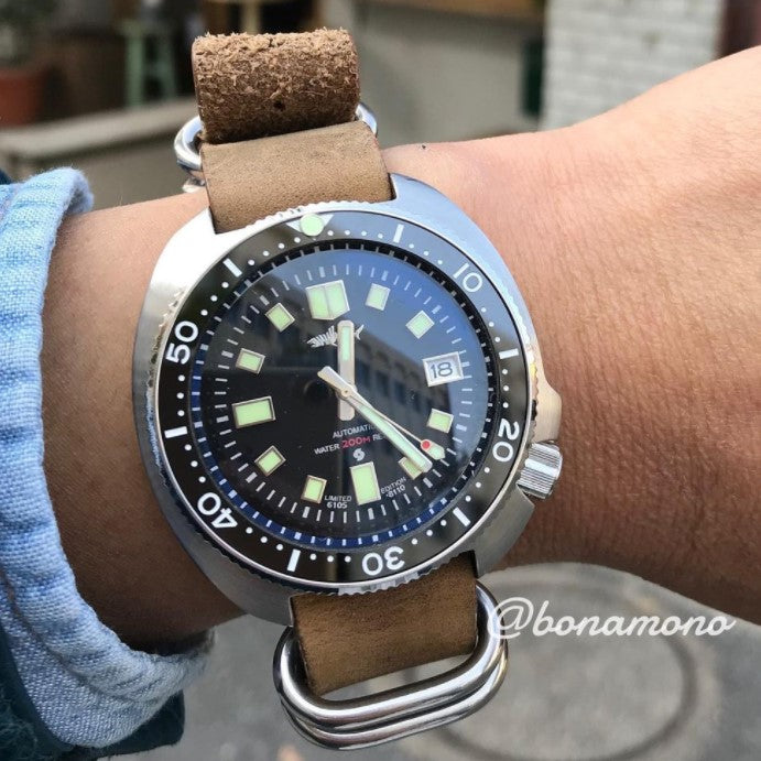 time+ NATO ZULU 5ring Vintage Leather Strap on Seiko Diver 6105-8110