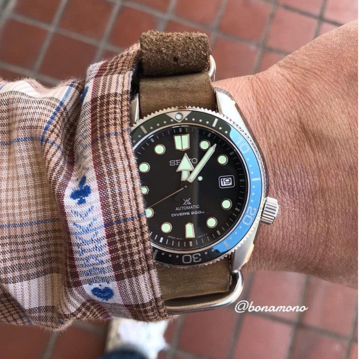 time+ NATO ZULU 5-ring Distressed Leather Watch Strap Vintage Brown on SEIKO Prospex SBDC063/SPB079