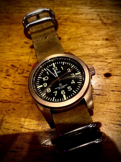 time+ NATO ZULU 5-ring Distressed Leather Military Watch Strap Vintage Brown on SEIKO nanouniverse
