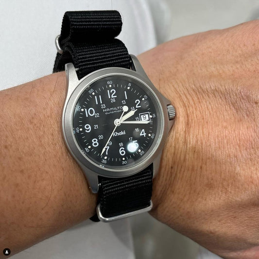 time+ NATO G10 Ballistic Nylon Military Watch Strap Black on Hamilton Khaki