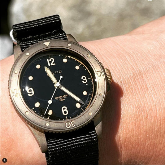 time+ NATO G10 Ballistic Nylon Military Watch Strap Black on BALTIC AQUASCAPHE bronze