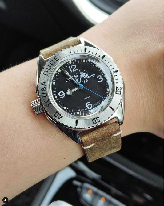 time+ 2 Piece Distressed Leather Watch Strap Band Vintage Brown on Vostok Scuba Dude Destro mod