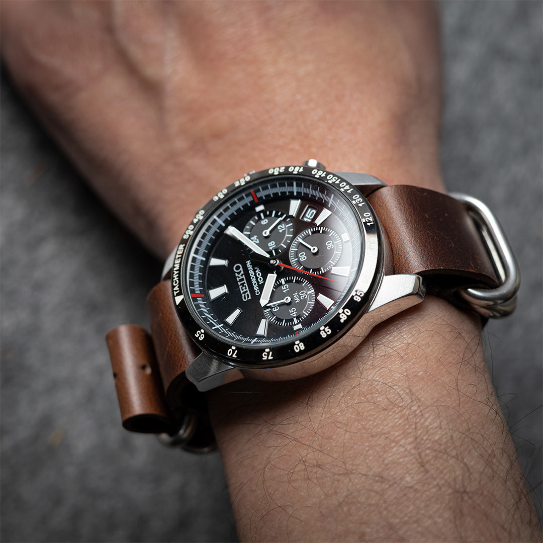 time+ NATO ZULU 5-ring オイルレザー ストラップ腕時計ベルト ミリタリーバンド ダークブラウン