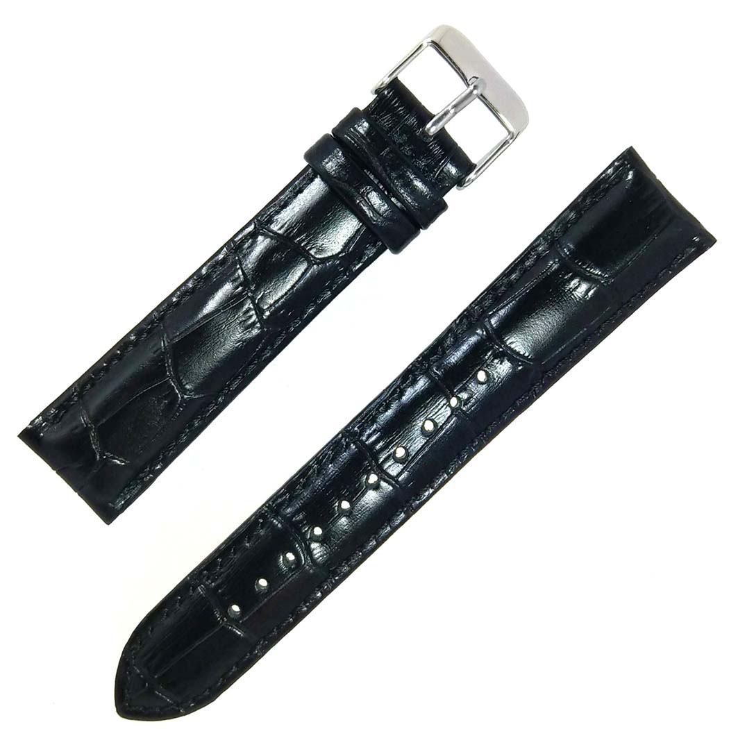 time+ 2 Piece Crocodile Embossed Leather Watch Strap Band Black