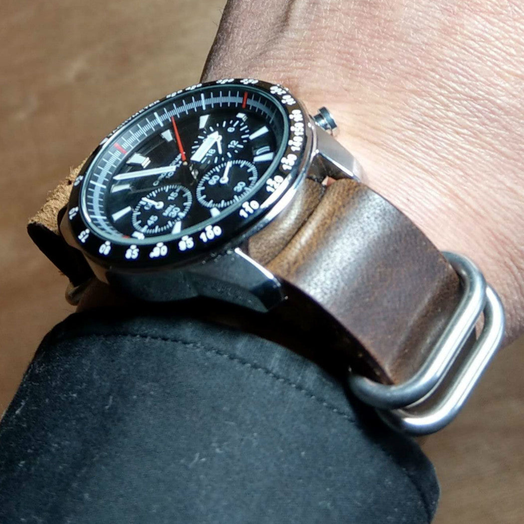 time+ NATO ZULU 5-ring オイルレザー ストラップ腕時計ベルト ミリタリーバンド ブラウン