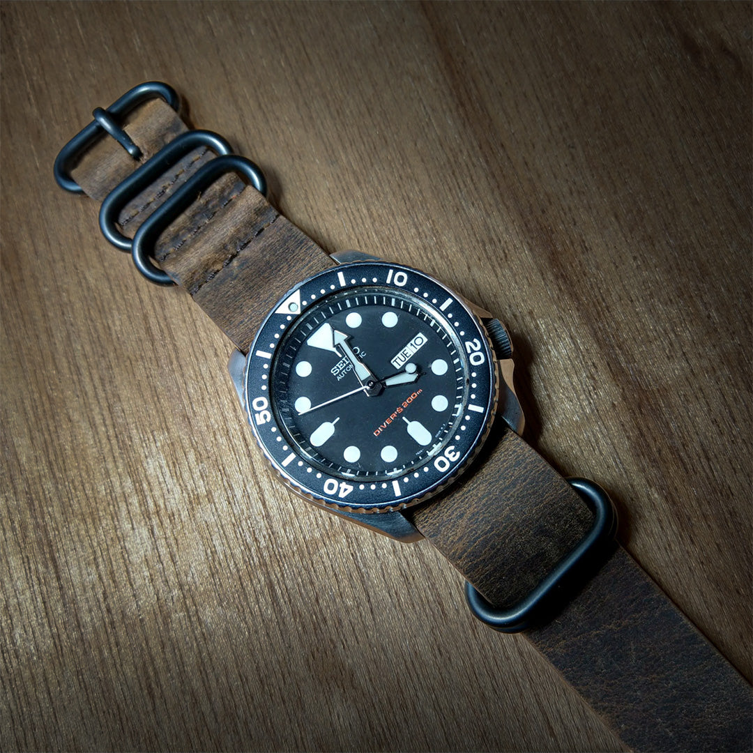 time+ NATO ZULU 5-ring ヴィンテージレザー ストラップ腕時計ベルト ミリタリーバンド ブラウン