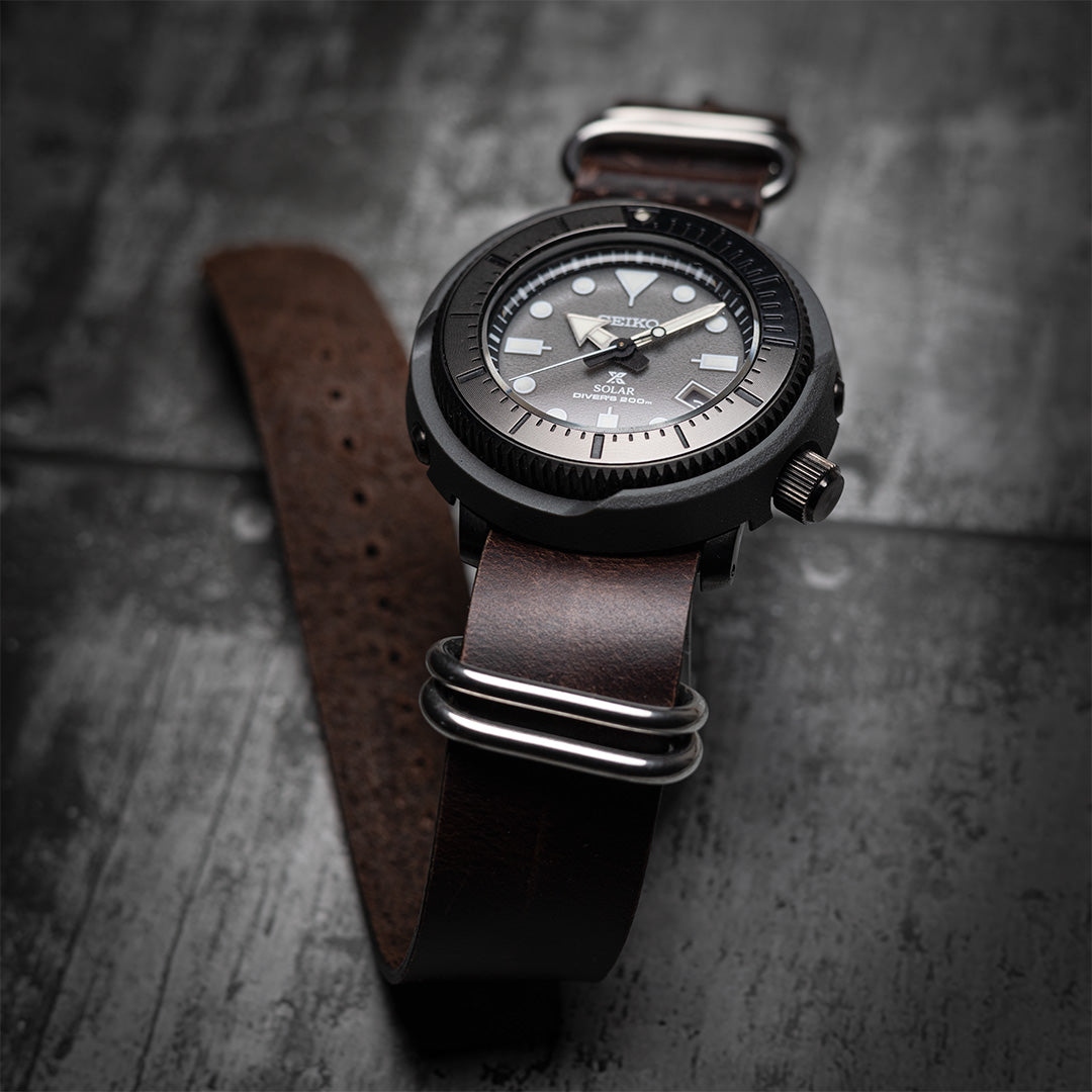 time+ NATO ZULU 5-ring Oil Leather Military Watch Strap Dark Brown