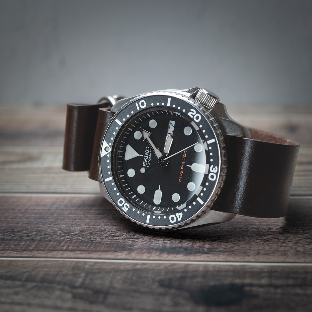 time+ NATO ZULU 3-ring オイルレザー ストラップ腕時計ベルト ミリタリーバンド ダークブラウン