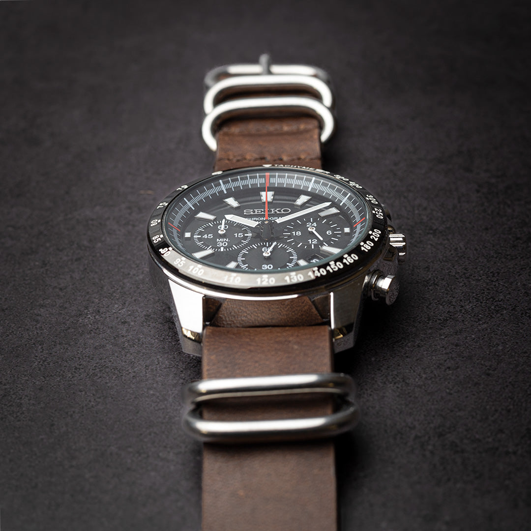 time+ NATO ZULU 5-ring Oil Leather Military Watch Strap Brown